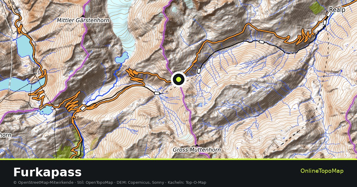 Topographische Karte von Furkapass mit Höhenlinien und Geländeschattierung