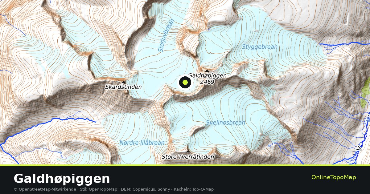 Topographische Karte von Galdhøpiggen mit Höhenlinien und Geländeschattierung