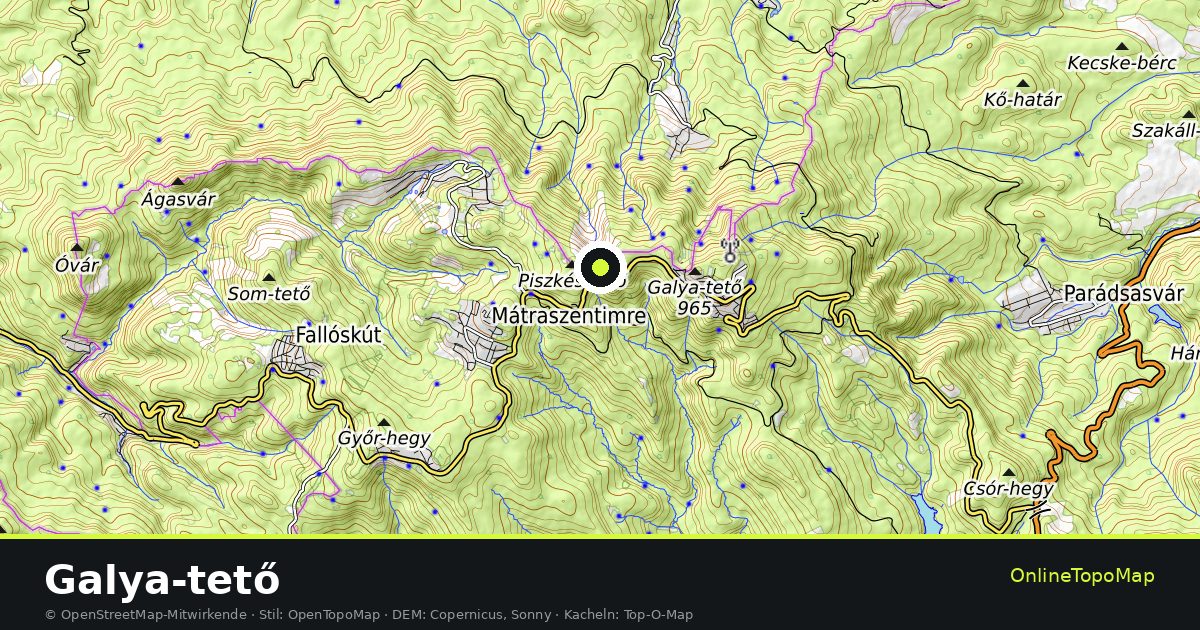 Topographische Karte von Galya-tető mit Höhenlinien und Geländeschattierung