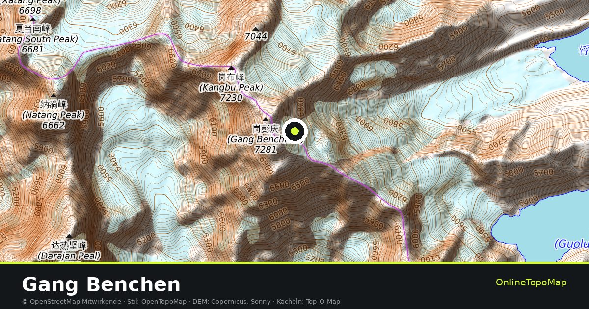 Topographische Karte von Gang Benchen mit Höhenlinien und Geländeschattierung