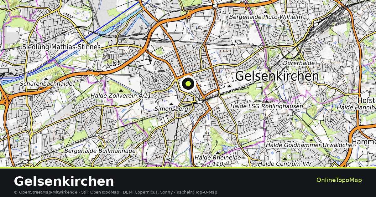 Topographische Karte von Gelsenkirchen mit Höhenlinien und Geländeschattierung