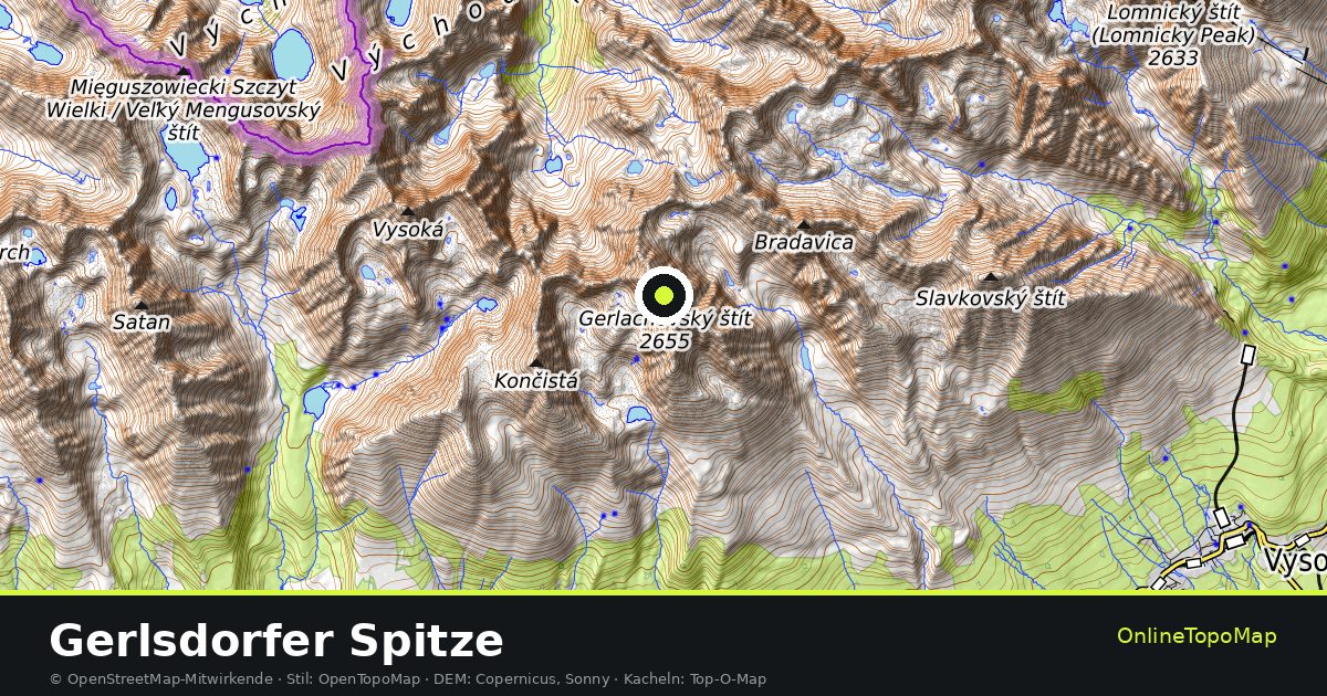 Topographische Karte von Gerlsdorfer Spitze mit Höhenlinien und Geländeschattierung