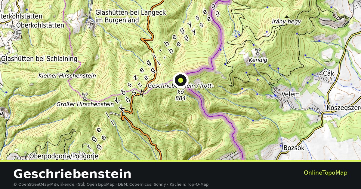 Topographische Karte von Geschriebenstein mit Höhenlinien und Geländeschattierung