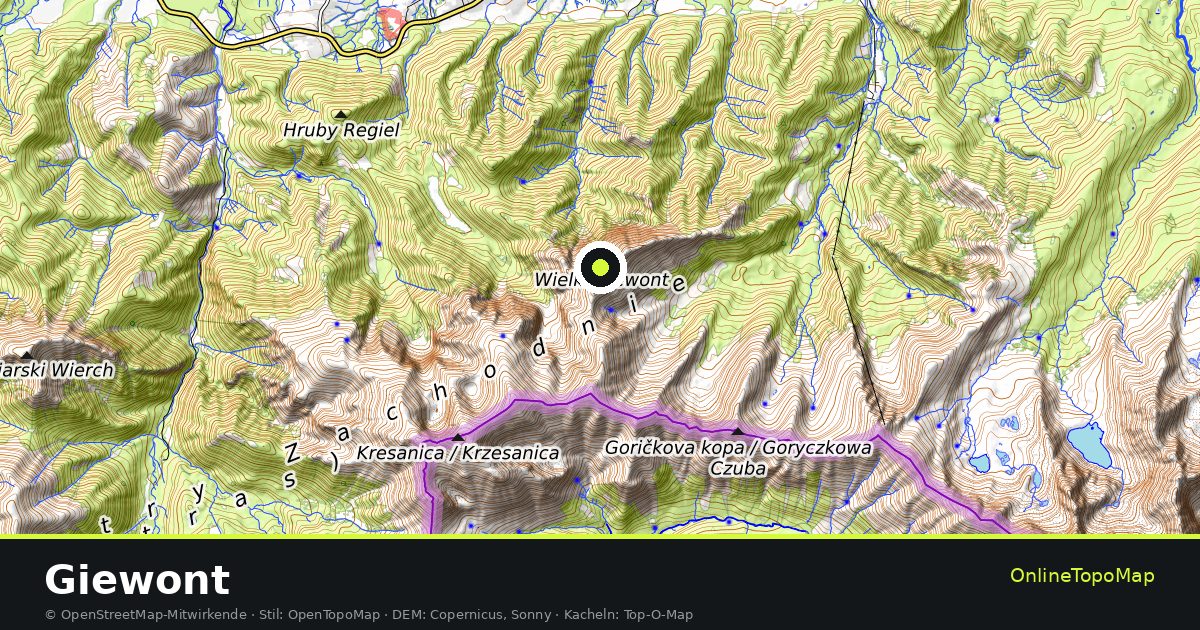 Topographische Karte von Giewont mit Höhenlinien und Geländeschattierung