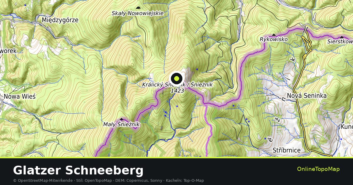 Topographische Karte von Glatzer Schneeberg mit Höhenlinien und Geländeschattierung