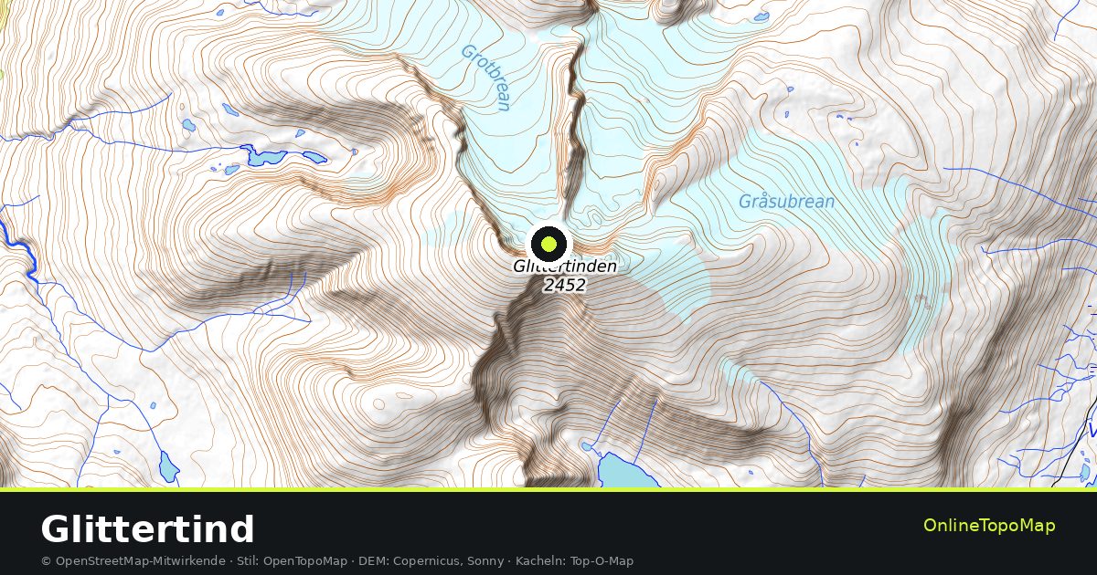 Topographische Karte von Glittertind mit Höhenlinien und Geländeschattierung