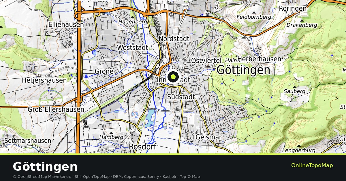 Topographische Karte von Göttingen mit Höhenlinien und Geländeschattierung
