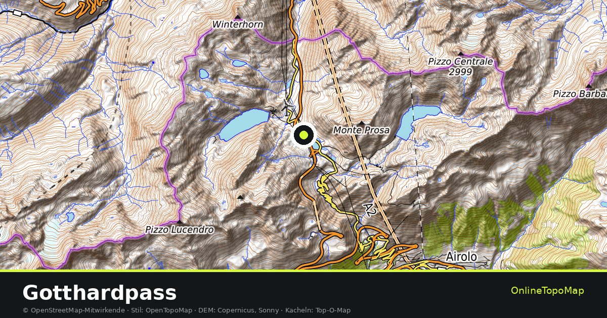 Topographische Karte von Gotthardpass mit Höhenlinien und Geländeschattierung