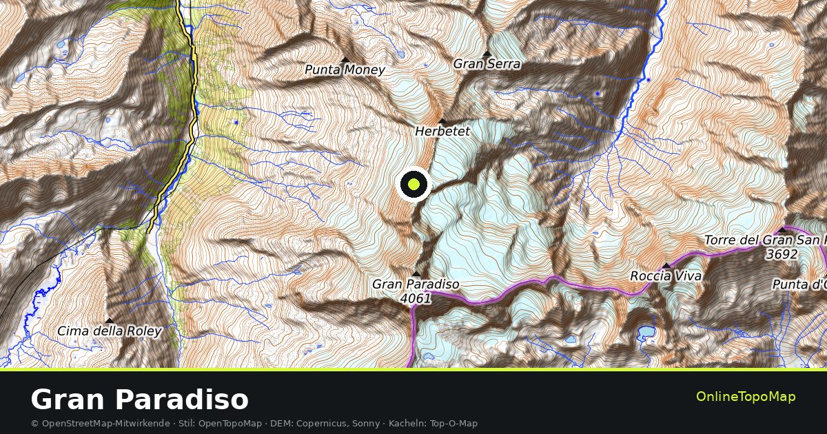 Topographische Karte von Gran Paradiso mit Höhenlinien und Geländeschattierung
