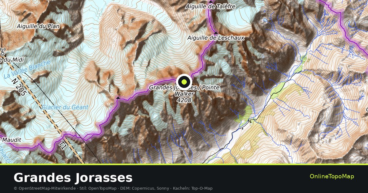 Topographische Karte von Grandes Jorasses mit Höhenlinien und Geländeschattierung