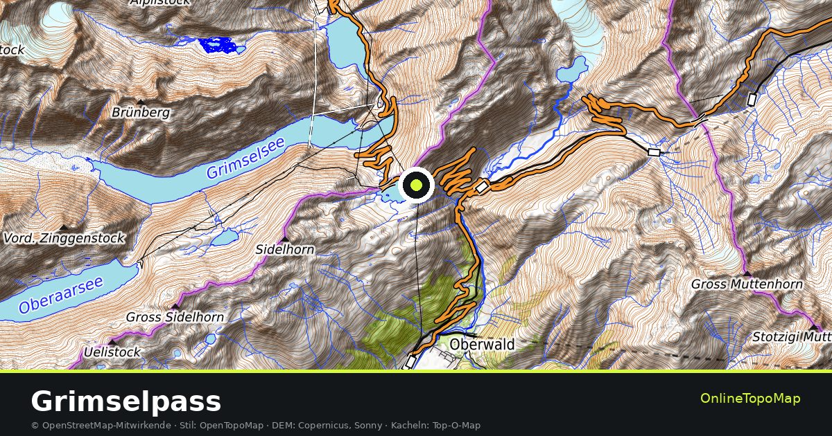 Topographische Karte von Grimselpass mit Höhenlinien und Geländeschattierung