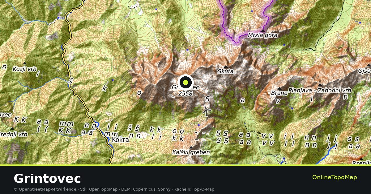 Topographische Karte von Grintovec mit Höhenlinien und Geländeschattierung