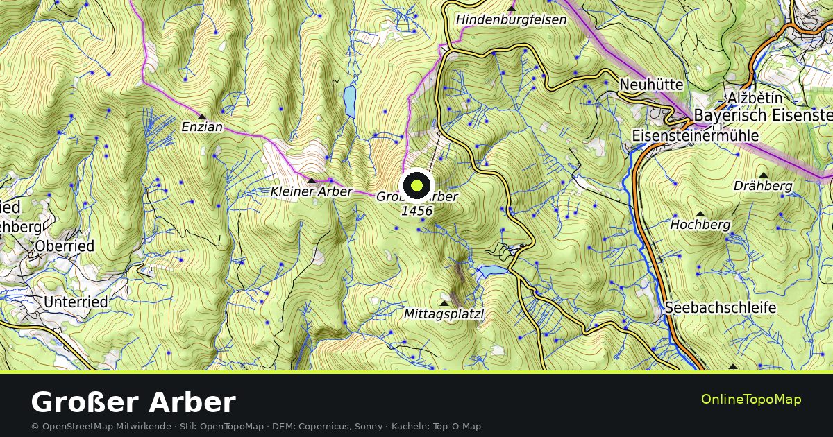 Topographische Karte von Großer Arber mit Höhenlinien und Geländeschattierung