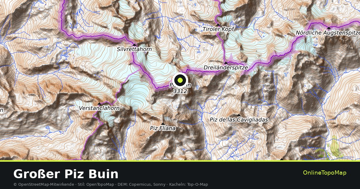 Topographische Karte von Großer Piz Buin mit Höhenlinien und Geländeschattierung