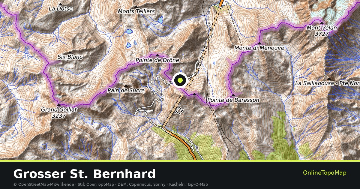 Topographische Karte von Grosser St. Bernhard mit Höhenlinien und Geländeschattierung
