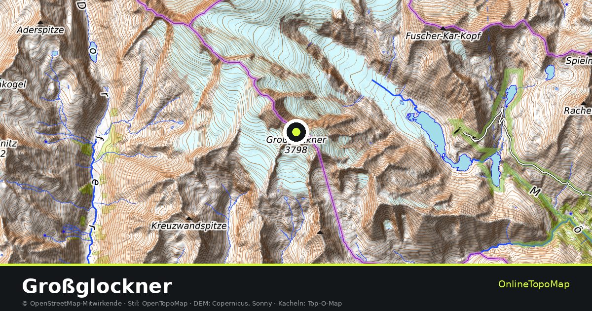 Topographische Karte von Großglockner mit Höhenlinien und Geländeschattierung