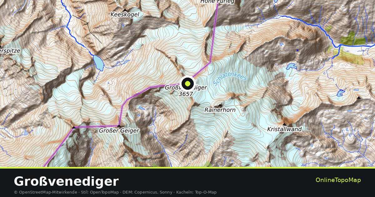 Topographische Karte von Großvenediger mit Höhenlinien und Geländeschattierung