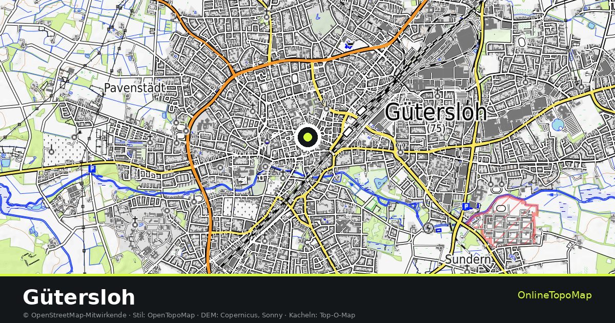 Topographische Karte von Gütersloh mit Höhenlinien und Geländeschattierung