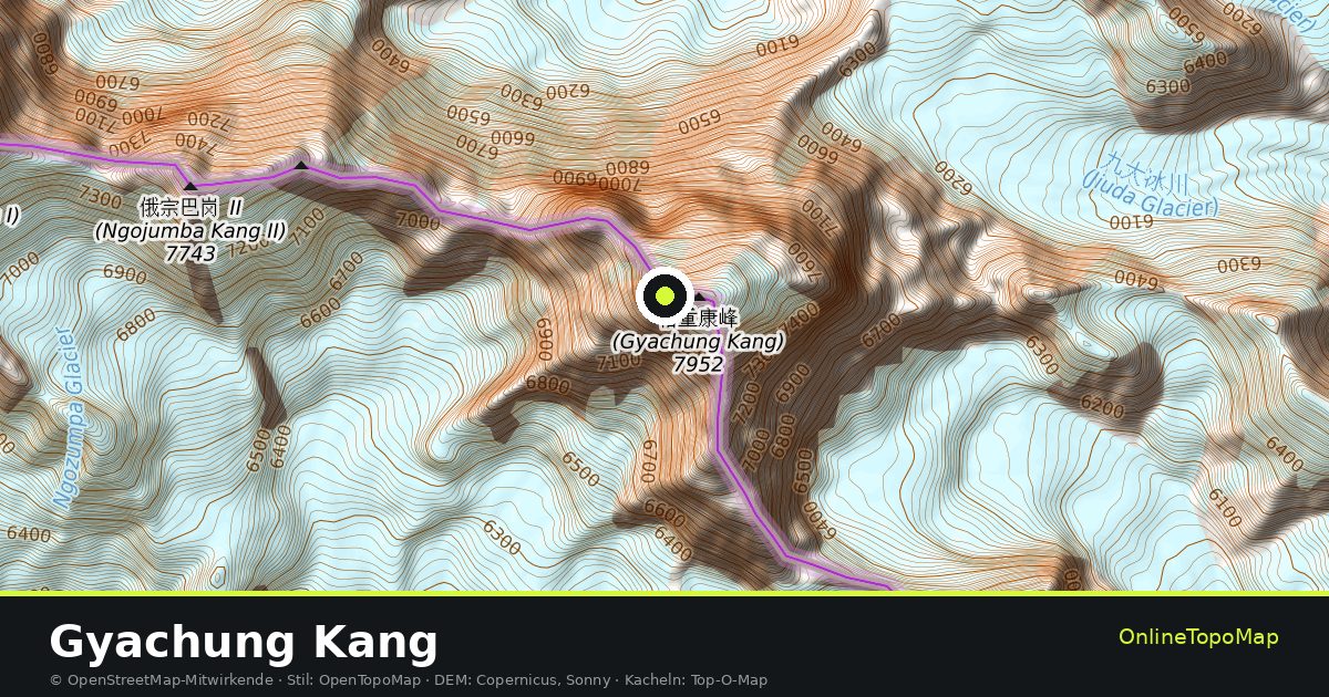 Topographische Karte von Gyachung Kang mit Höhenlinien und Geländeschattierung
