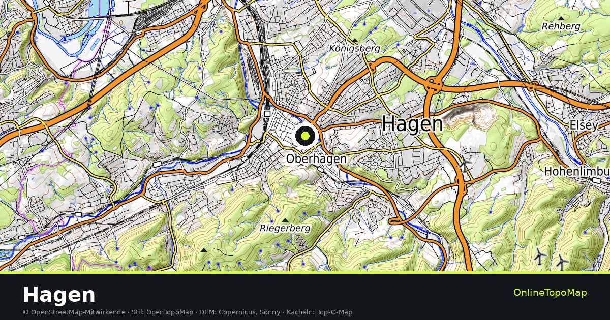 Topographische Karte von Hagen mit Höhenlinien und Geländeschattierung