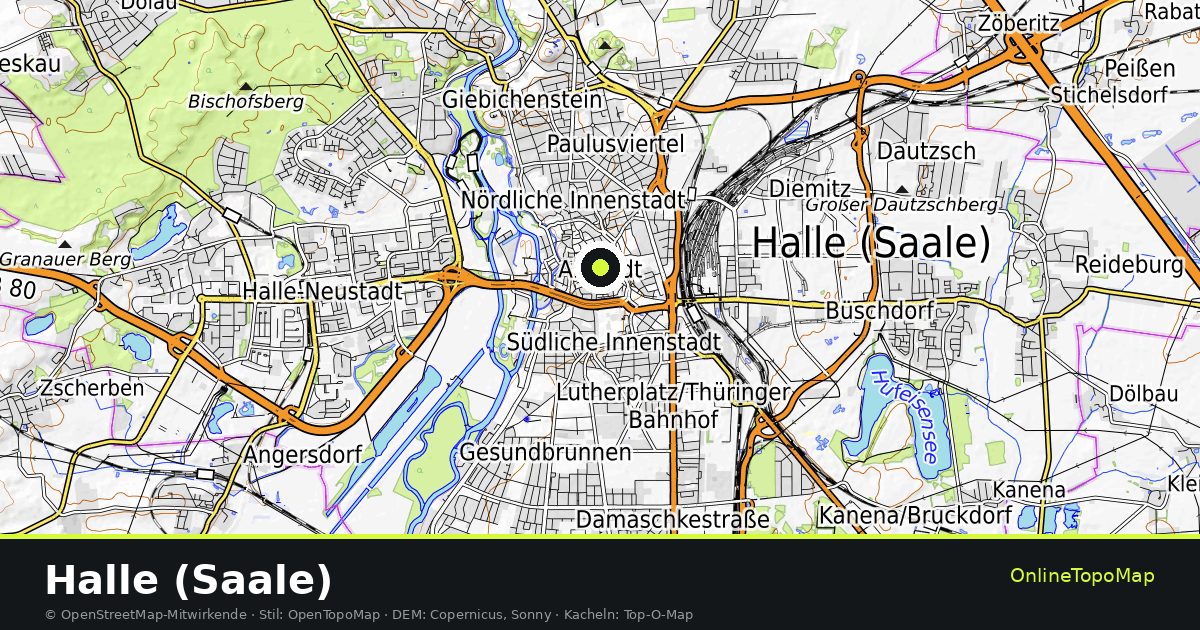Topographische Karte von Halle (Saale) mit Höhenlinien und Geländeschattierung