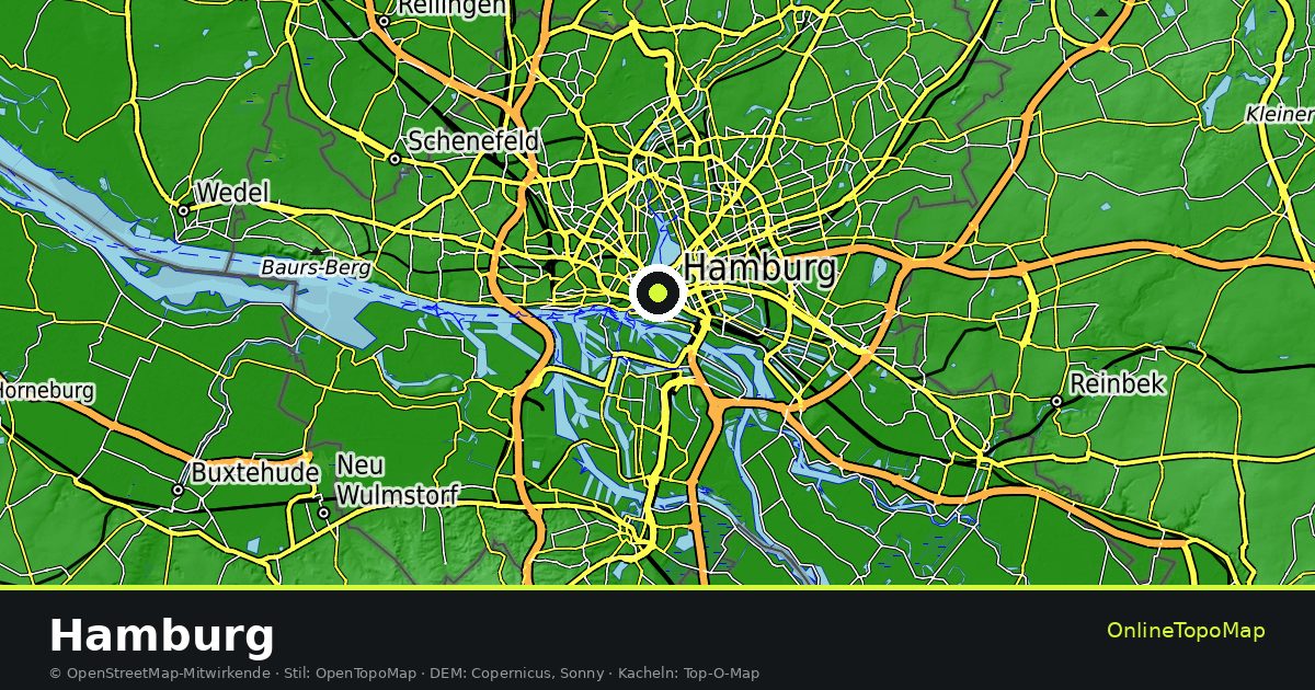 Topographische Karte von Hamburg mit Höhenlinien und Geländeschattierung