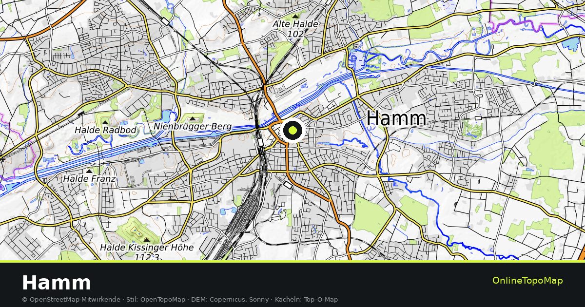 Topographische Karte von Hamm mit Höhenlinien und Geländeschattierung