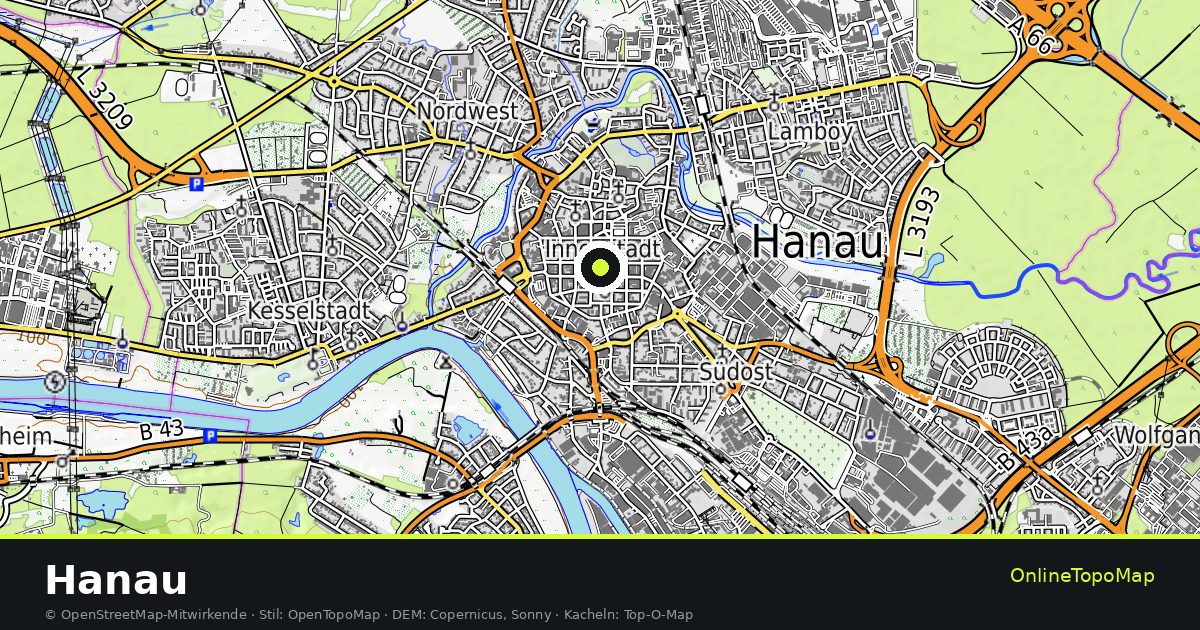 Topographische Karte von Hanau mit Höhenlinien und Geländeschattierung