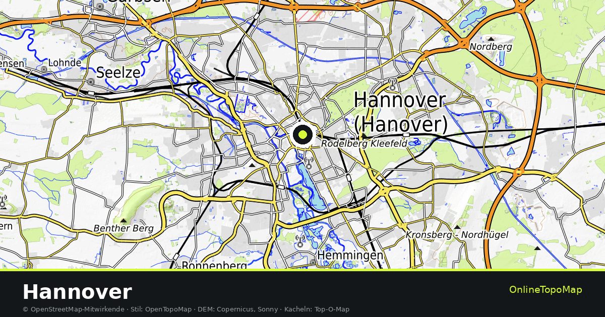Topographische Karte von Hannover mit Höhenlinien und Geländeschattierung