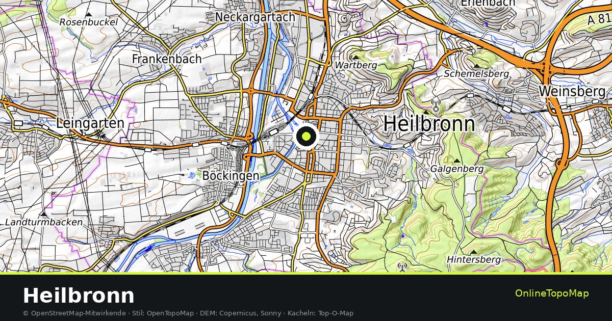 Topographische Karte von Heilbronn mit Höhenlinien und Geländeschattierung