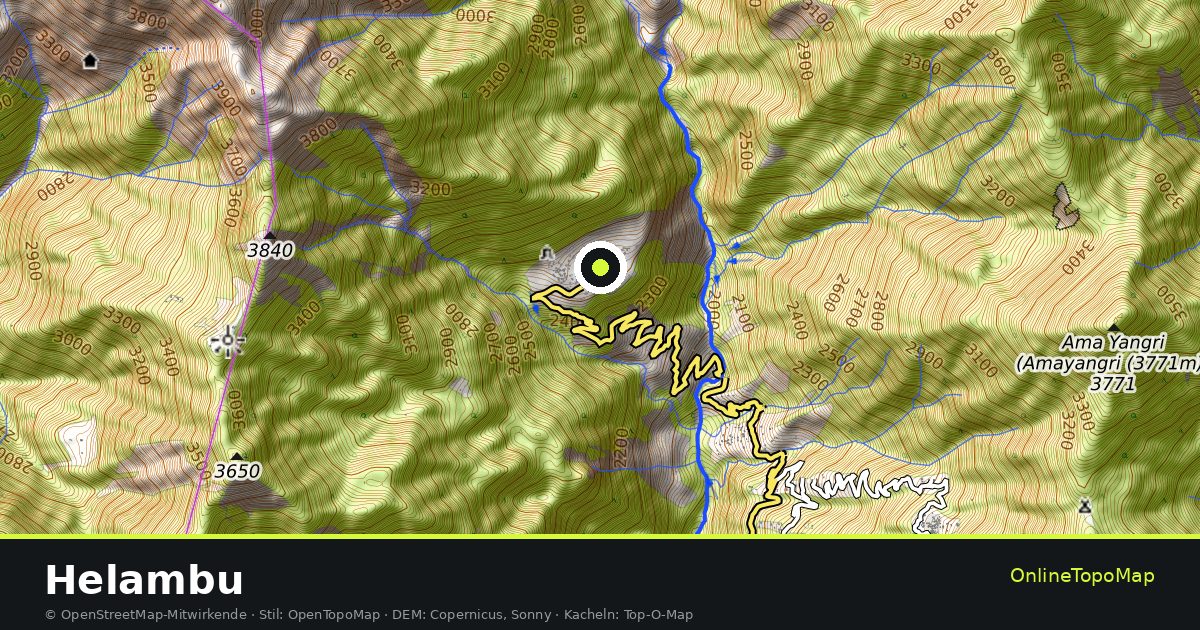 Topographische Karte von Helambu mit Höhenlinien und Geländeschattierung