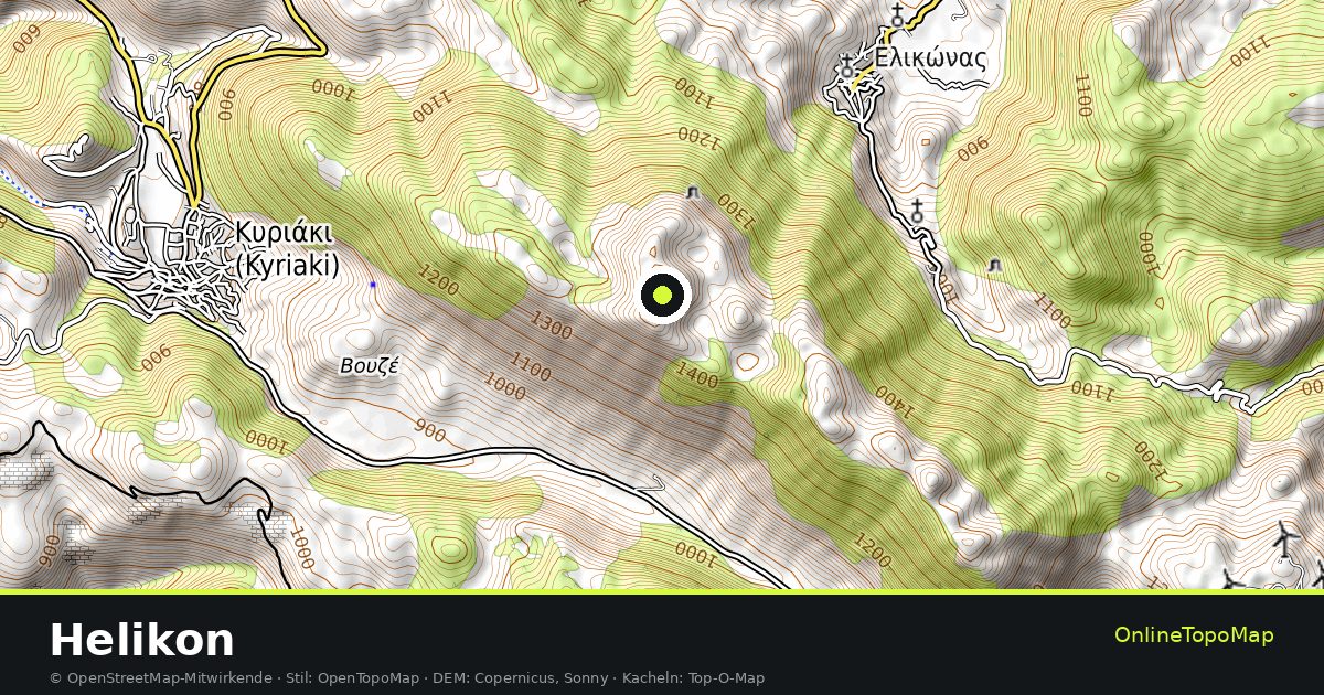 Topographische Karte von Helikon mit Höhenlinien und Geländeschattierung