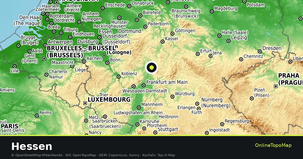 Topographische Karte von Hessen mit Höhenlinien und Geländeschattierung