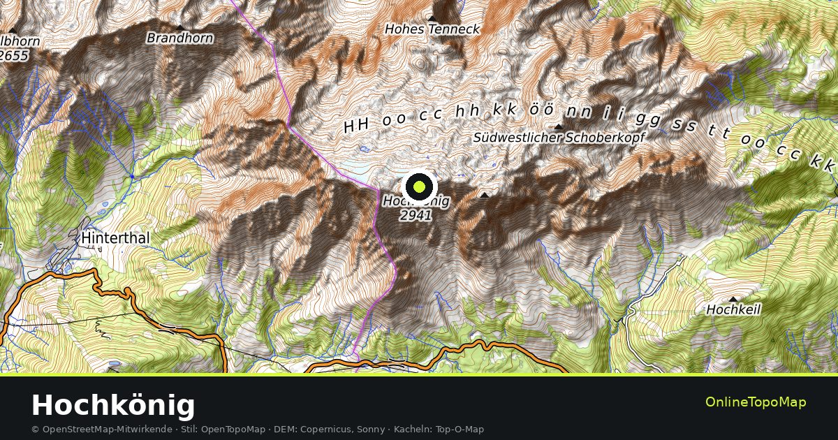 Topographische Karte von Hochkönig mit Höhenlinien und Geländeschattierung