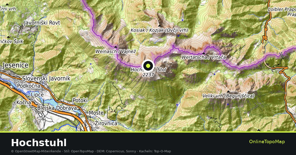 Topographische Karte von Hochstuhl mit Höhenlinien und Geländeschattierung
