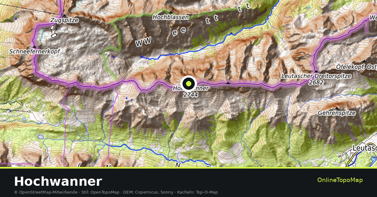Topographische Karte von Hochwanner mit Höhenlinien und Geländeschattierung