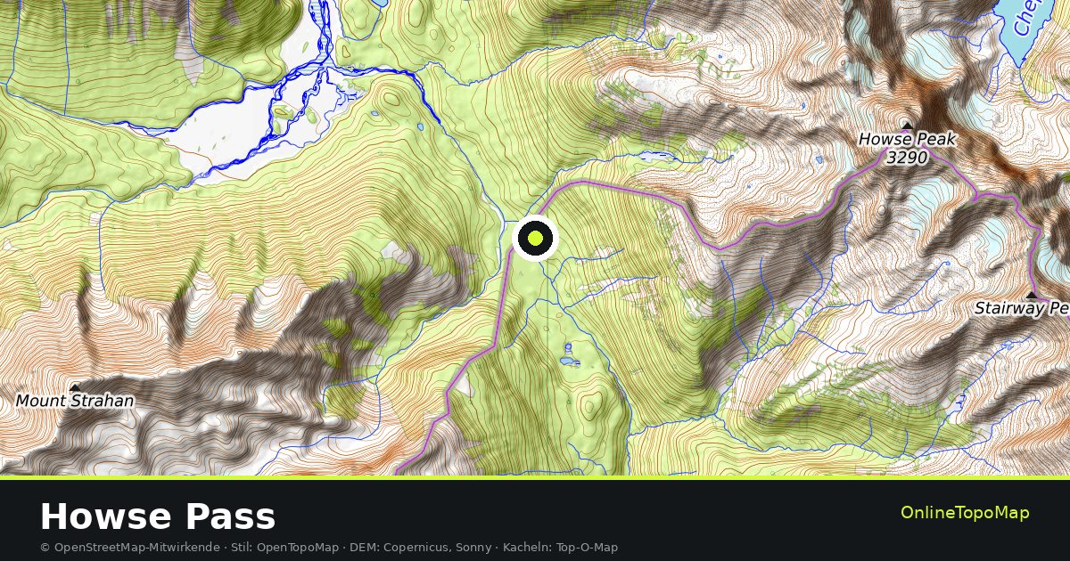 Topographische Karte von Howse Pass mit Höhenlinien und Geländeschattierung