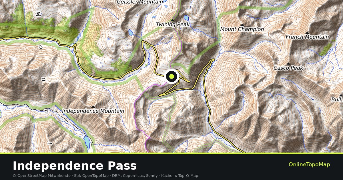 Topographische Karte von Independence Pass mit Höhenlinien und Geländeschattierung
