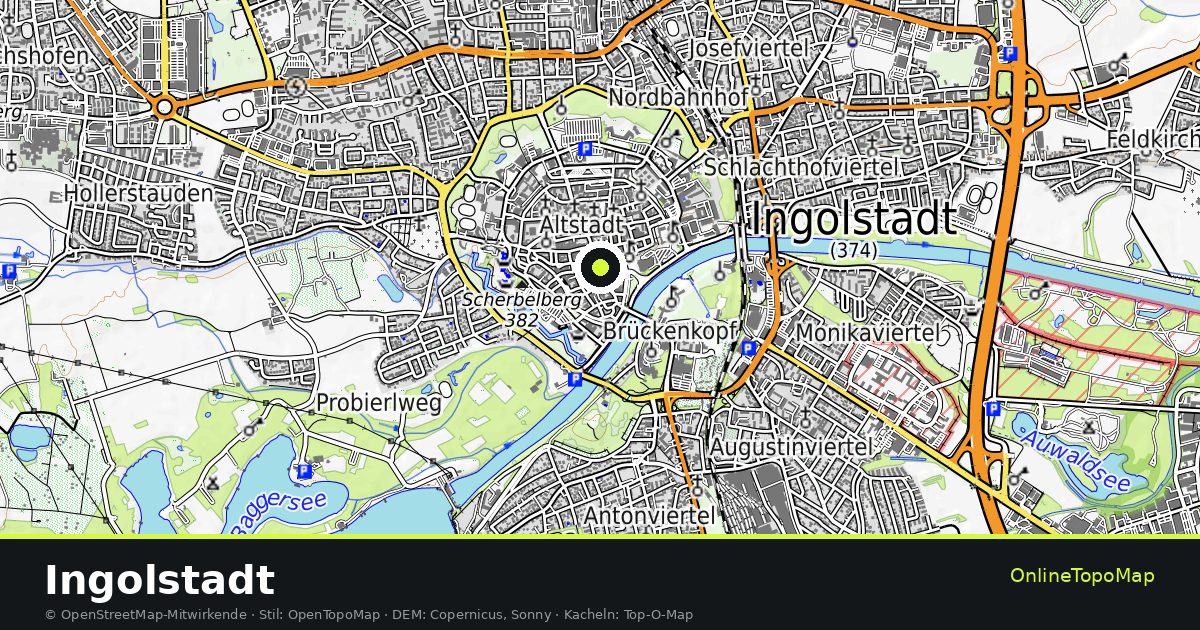 Topographische Karte von Ingolstadt mit Höhenlinien und Geländeschattierung