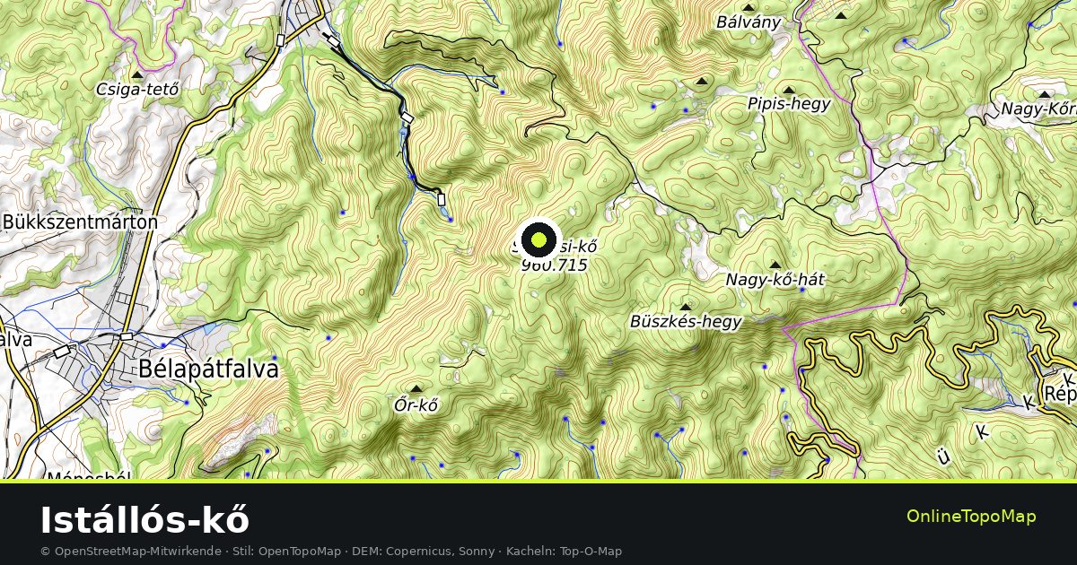 Topographische Karte von Istállós-kő mit Höhenlinien und Geländeschattierung