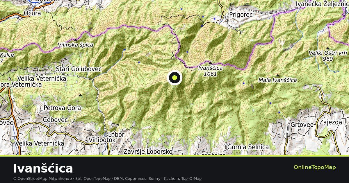Topographische Karte von Ivanšćica mit Höhenlinien und Geländeschattierung