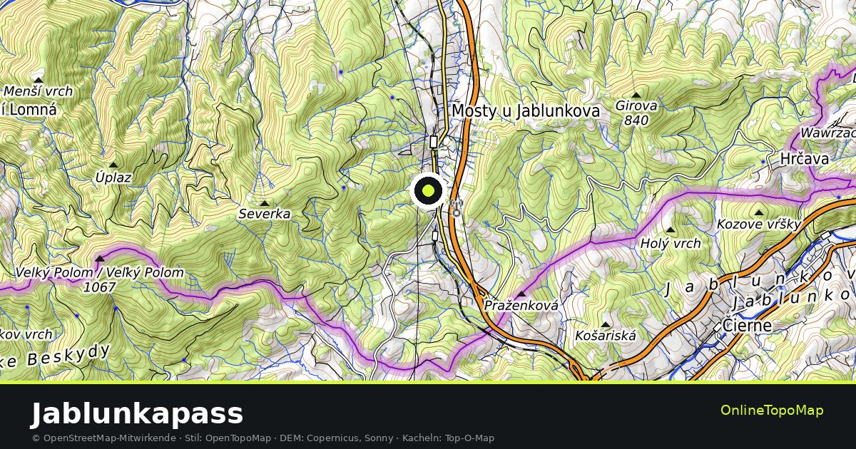 Topographische Karte von Jablunkapass mit Höhenlinien und Geländeschattierung