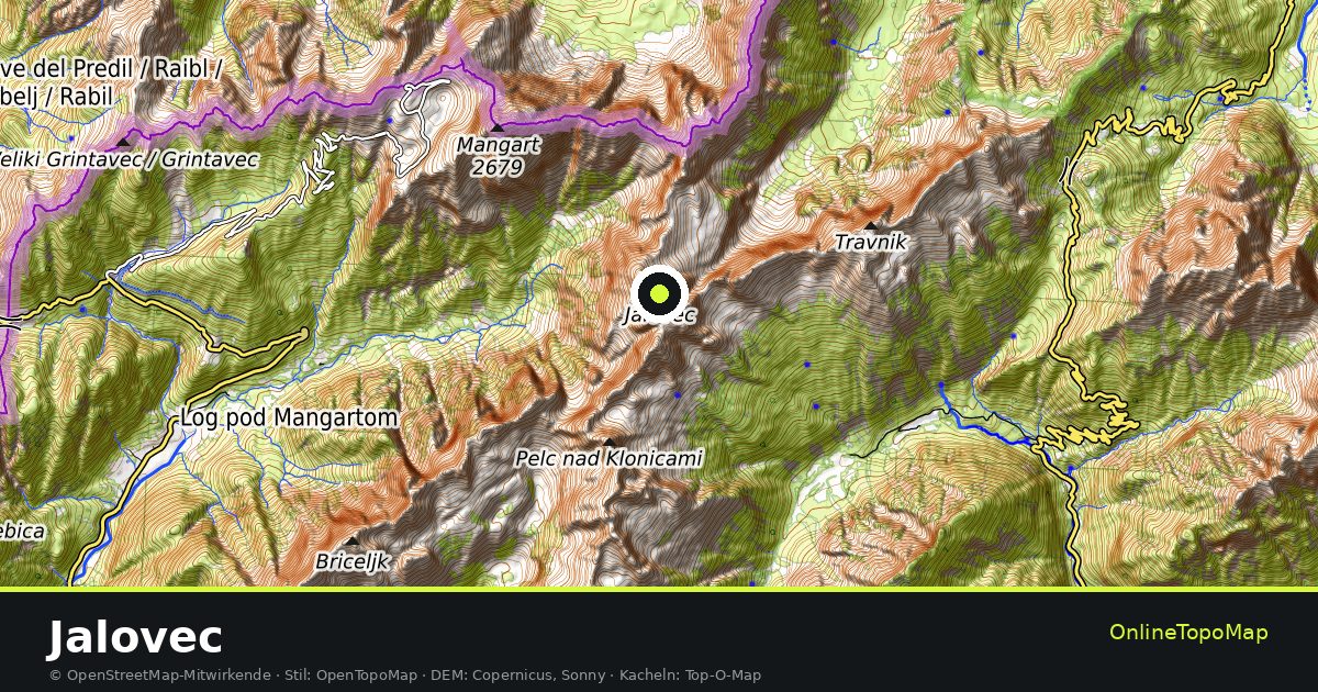 Topographische Karte von Jalovec mit Höhenlinien und Geländeschattierung
