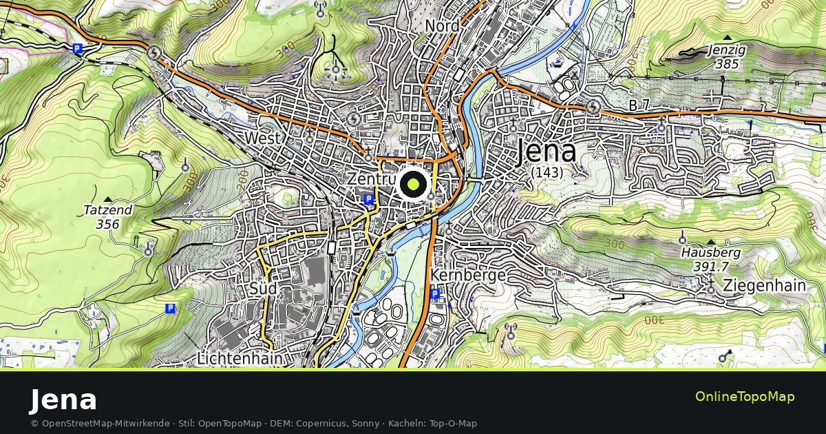 Topographische Karte von Jena mit Höhenlinien und Geländeschattierung