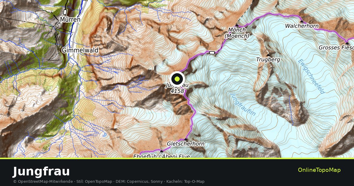 Topographische Karte von Jungfrau mit Höhenlinien und Geländeschattierung