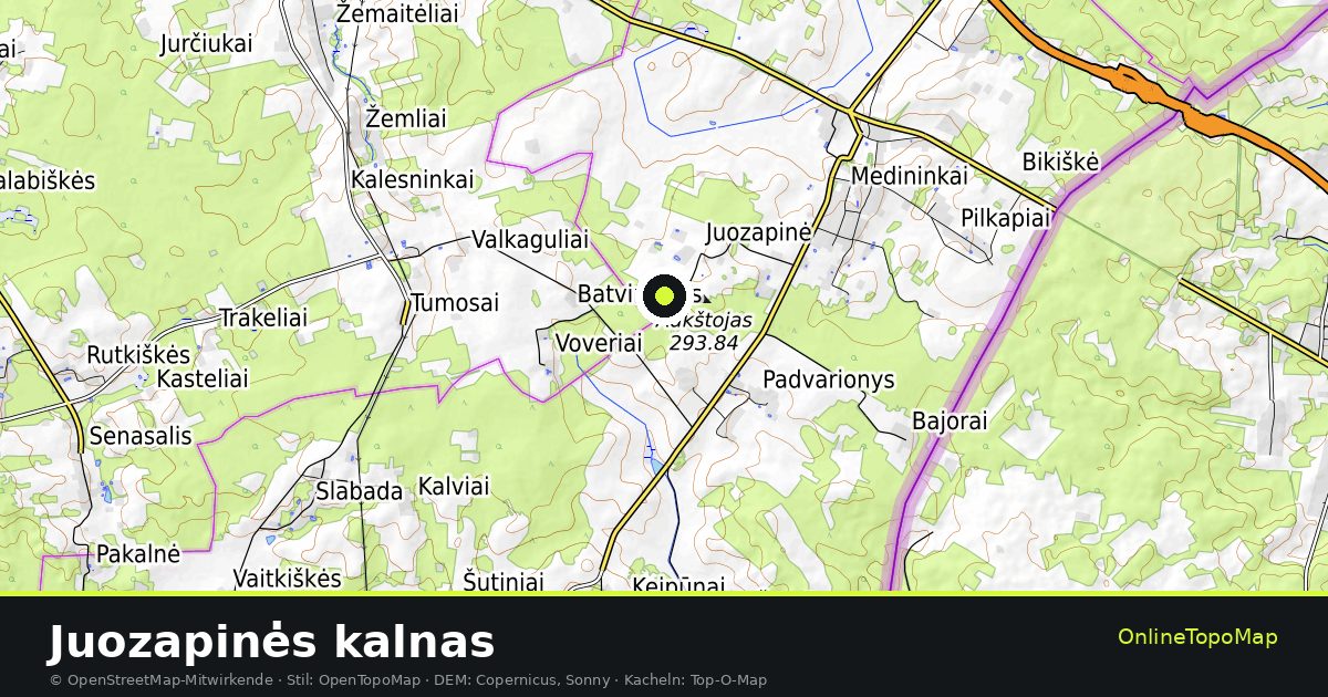 Topographische Karte von Juozapinės kalnas mit Höhenlinien und Geländeschattierung