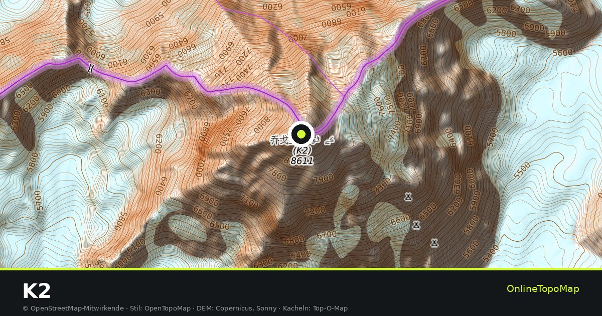 Topographische Karte von K2 mit Höhenlinien und Geländeschattierung