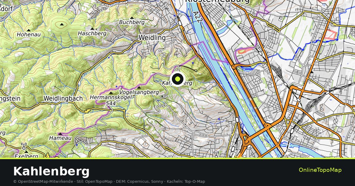 Topographische Karte von Kahlenberg mit Höhenlinien und Geländeschattierung