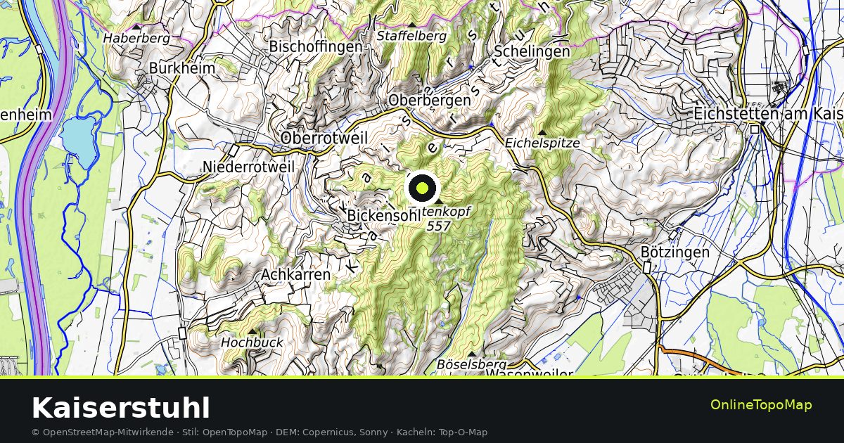 Topographische Karte von Kaiserstuhl mit Höhenlinien und Geländeschattierung