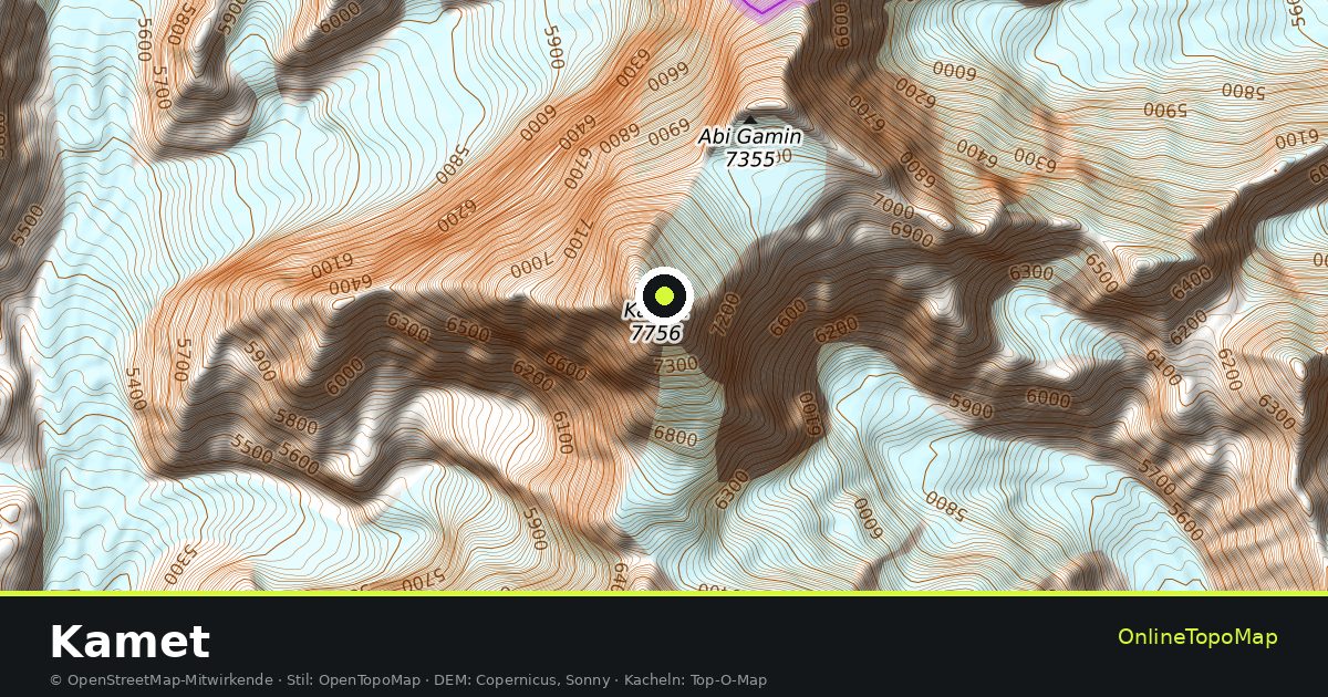 Topographische Karte von Kamet mit Höhenlinien und Geländeschattierung